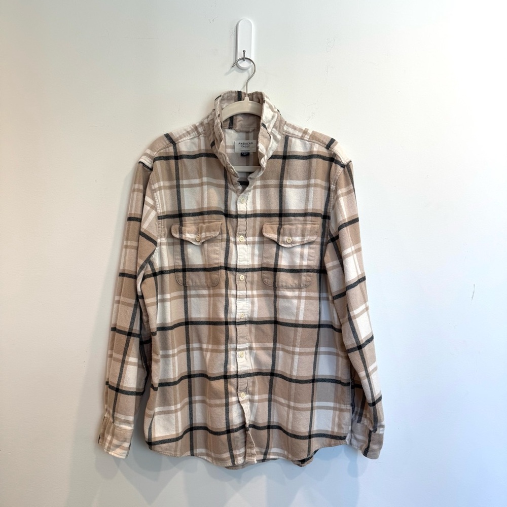 American Eagle Outfitters Tan Plaid Flannel Button Down Shirt
